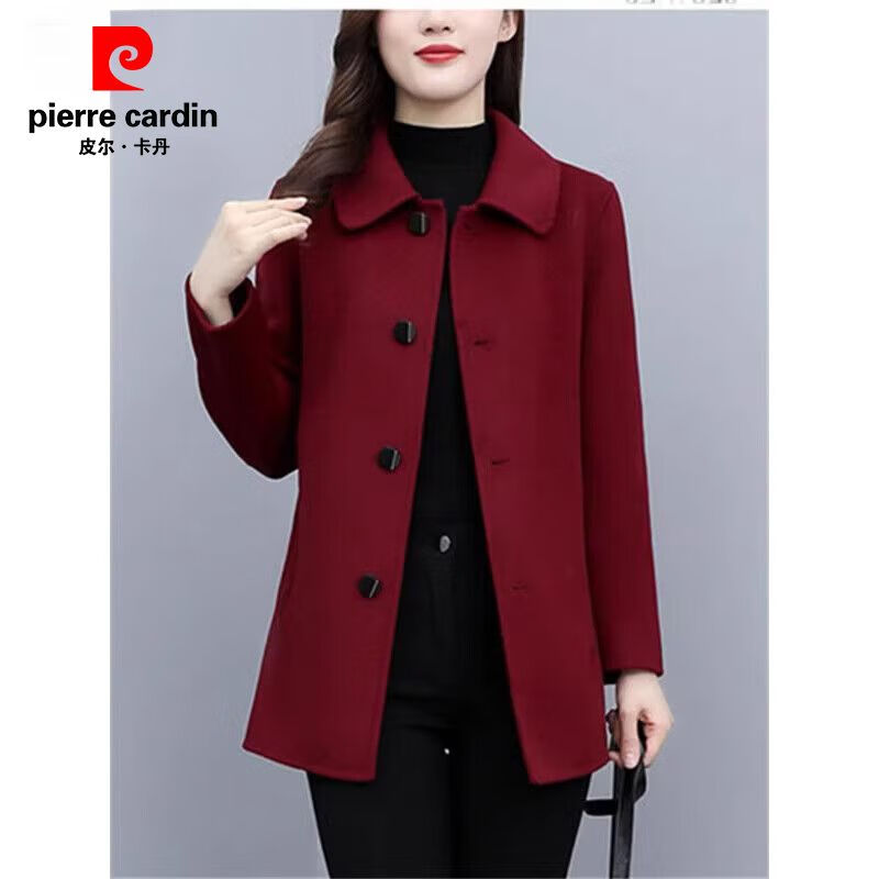 Pierre Cardin Short Cashmere Wool Coat Women's Spring Autumn Winter 2025 New Thick Small Casual Woolen Coat Burgundy XL