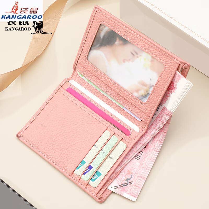 Kangaroo Wallet Women's Card Holder Driver's License Compact Bank Card Case ID Card Holder Large Capacity Cowhide Multi-Card Slot Bag Pink