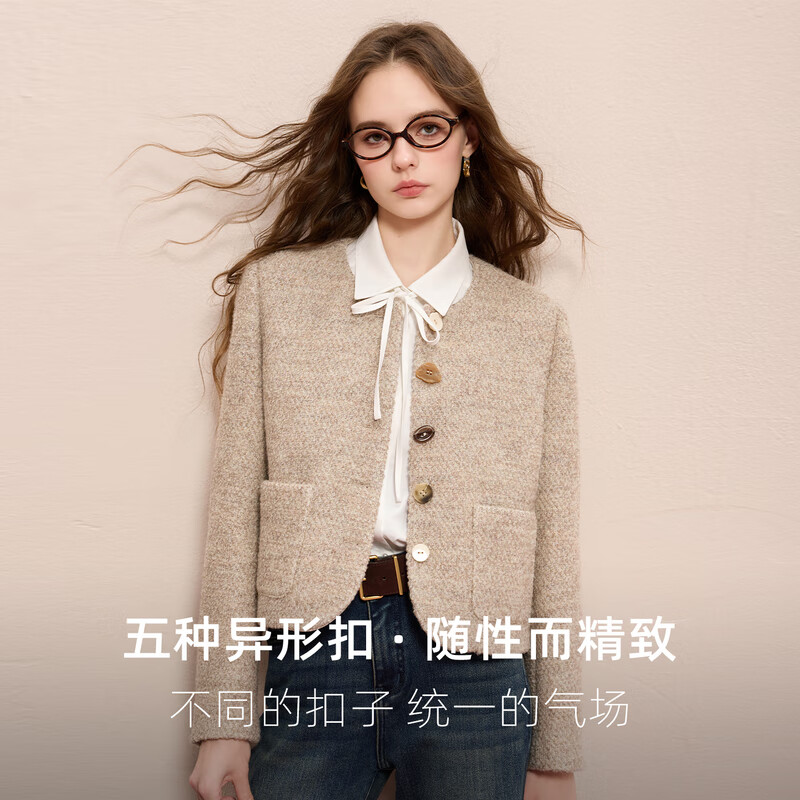 Sancai Sheep Wool 2025 Winter New Fragrant Wool Coat Round Neck Short Coat M Apricot M 160/84A