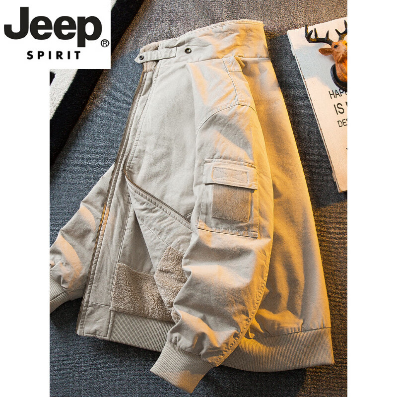 JEEP SPIRIT high-end lamb velvet stand-up collar workwear bomber jacket for men in autumn and winter warm plus velvet thickened cotton-padded jacket off-white M (95-115 pounds)
