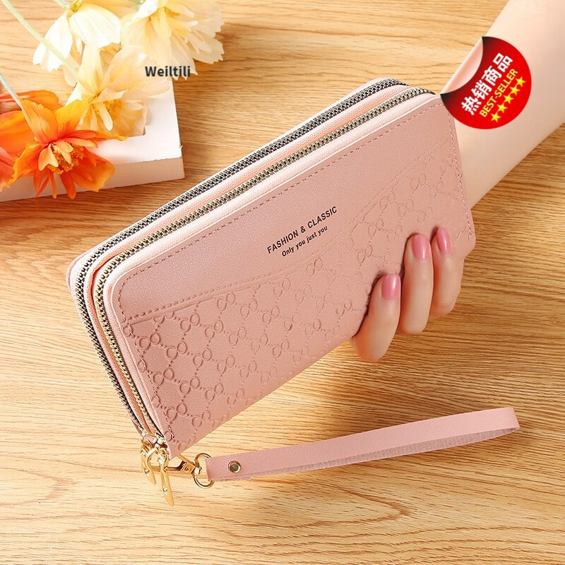 Weiltili 2024 New Women's Wallet Long Large Capacity Double Zipper Hand Wallet Women's Double Layer Clutch Bag Wallet Bag Dark Pink