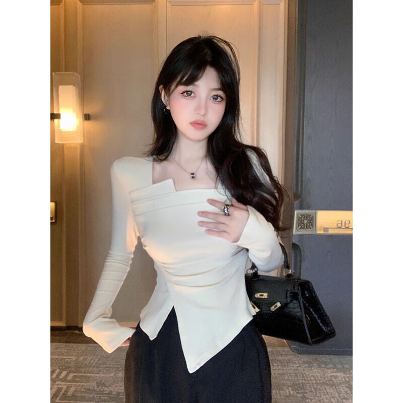 Hong Kong style high-end Royal Sister square collar long-sleeved T-shirt for women autumn slit design slim irregular pleated top XXC apricot German velvet high-quality fabric S 70-90 catties