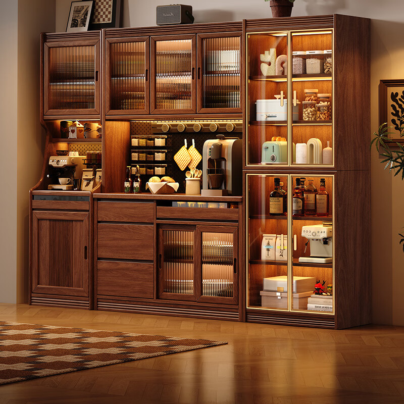 Solid wood sideboard bar table retractable storage partition integrated cabinet living room small apartment sofa side cabinet bar table combination walnut color