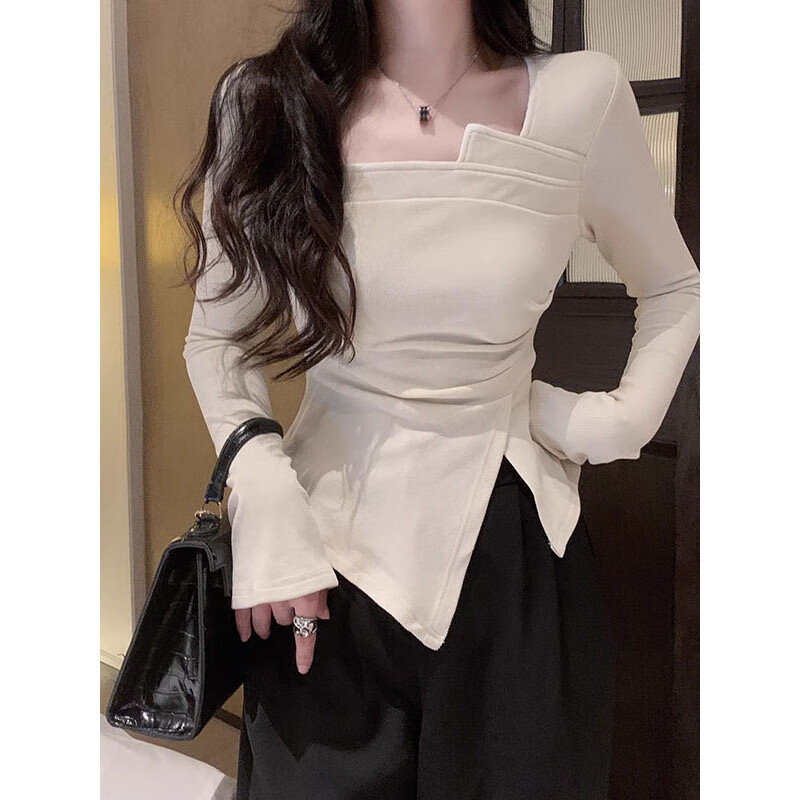 Hong Kong style high-end Royal Sister square collar long-sleeved T-shirt for women autumn slit design slim irregular pleated top XXC apricot German velvet high-quality fabric S 70-90 catties