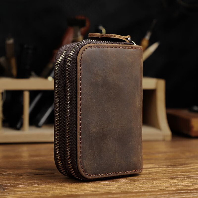 Liyou high-end quality key bag storage bag handmade genuine leather key bag men's first layer cowhide multifunctional retro wallet noble brown