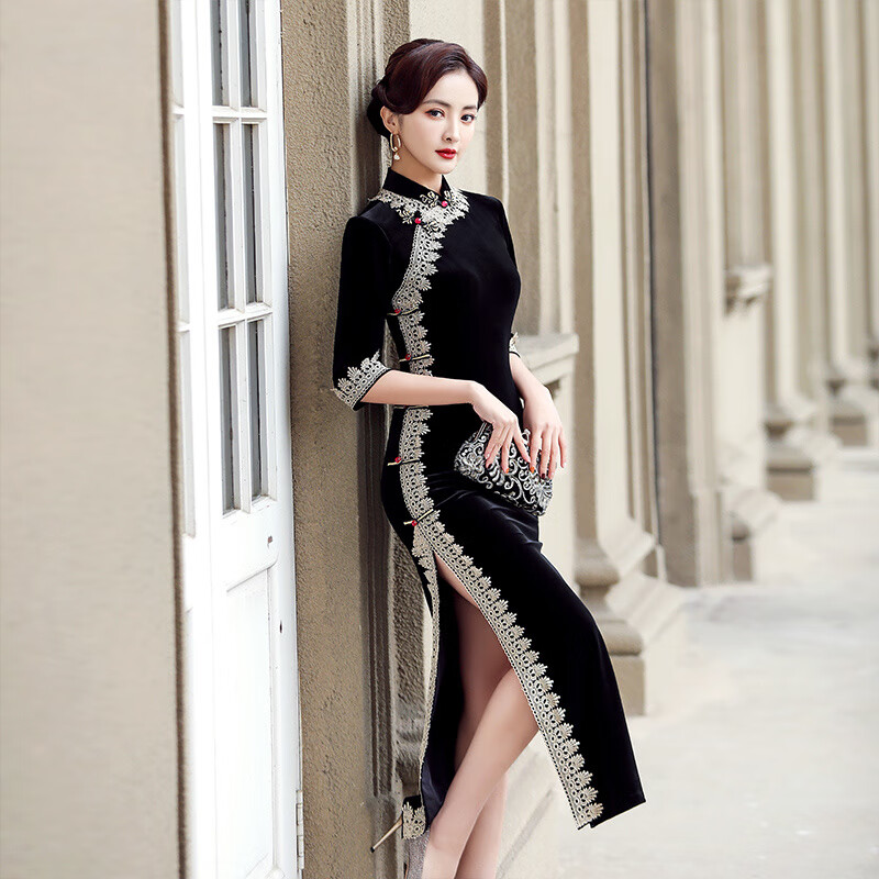 Hengyuanxiang gold velvet cheongsam burgundy 2025 new improved Chinese style women's long mother's dress wedding banquet autumn burgundy gold velvet L 103-113 catties