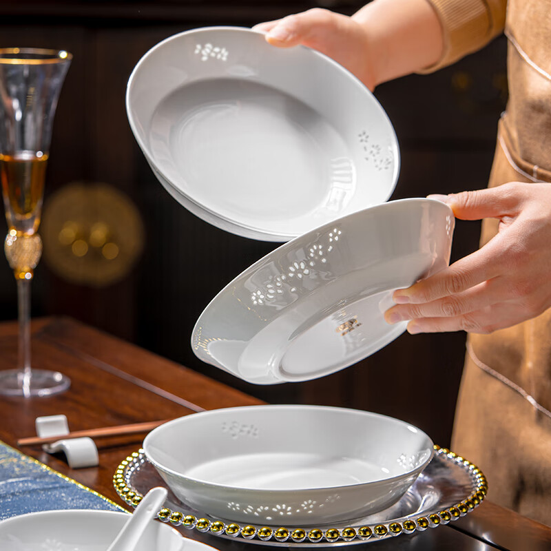 Fuyu ceramics Jingdezhen tableware pure white Chinese exquisite plate home moving gift Magnolia soup plate 6 pieces