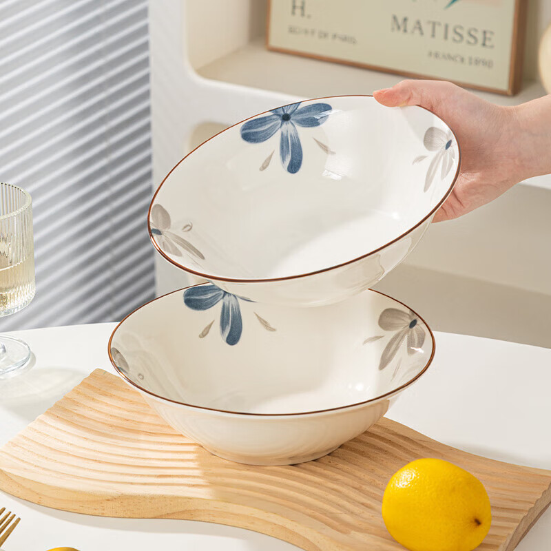 Small Orchid ceramic 8-inch large soup bowl household ceramic large bowl extra-large noodle bowl bucket hat bowl soup bowl 2 8-inch bucket bowls