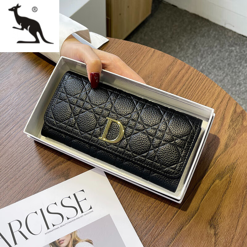 Kuqi Kangaroo Light Luxury Brand Wallet Long Genuine Soft Leather Wallet Women's 2025 New Card Holder Wallet Two-in-One Women's Large Capacity Gray 14 Card Slots