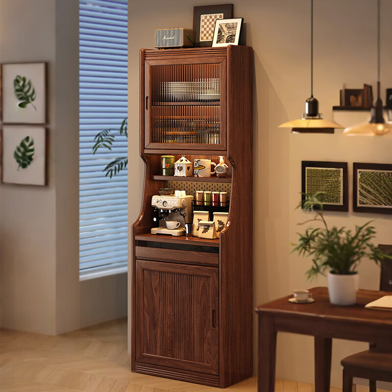 Solid wood sideboard bar table retractable storage partition integrated cabinet living room small apartment sofa side cabinet bar table combination walnut color