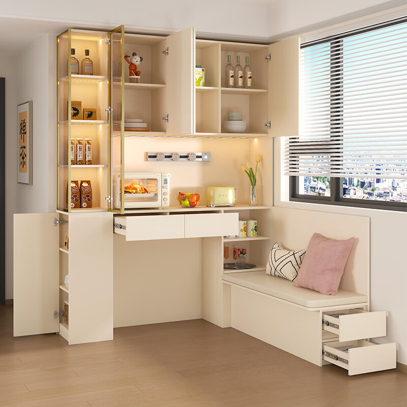 Qiangxiang Cream Style Card Seat Sideboard Dining Table Integrated Combination Customized Living Room Wall Storage Cabinet Wine Cabinet G387 Style 1 (With Lights and Tracks 180*170*240cm