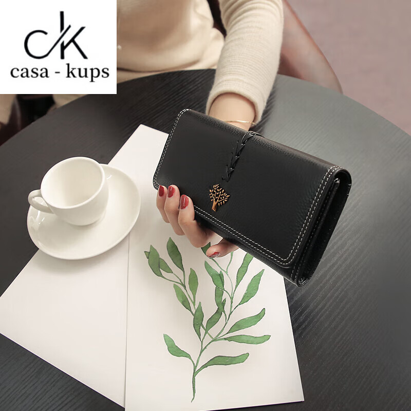 Casa-kupsCK Korean style trendy genuine leather two-fold women's wallet folding first layer cowhide wallet long wallet 2025 new style black