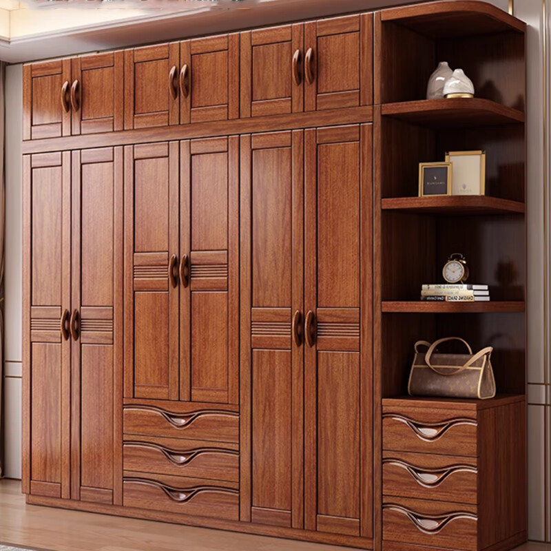 Musso walnut solid wood wardrobe home bedroom cabinet storage large capacity wardrobe PL-17 four doors + side cabinet + top cabinet