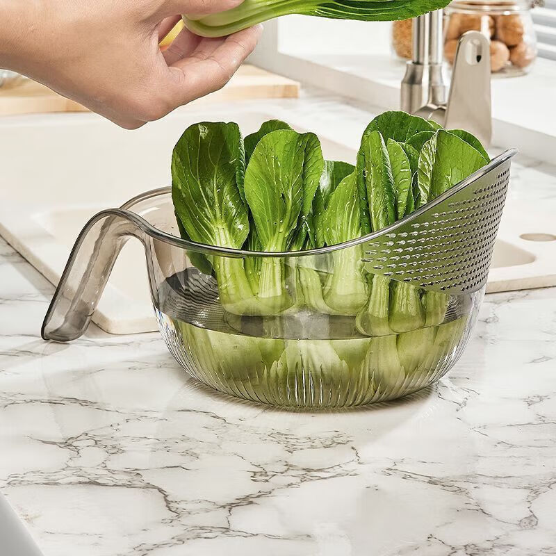 Rice basket, kitchen multi-functional dishwashing basin, rice washing household handle, fruit drain basket, fine holes, thickened vegetable draining, transparent color, large + small size