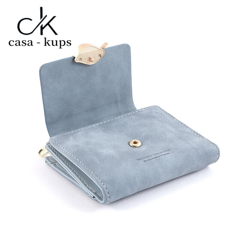 Casa-kupsCK genuine leather wallet women's short 2025 new retro frosted leather niche design coin purse card holder all in one compact blue