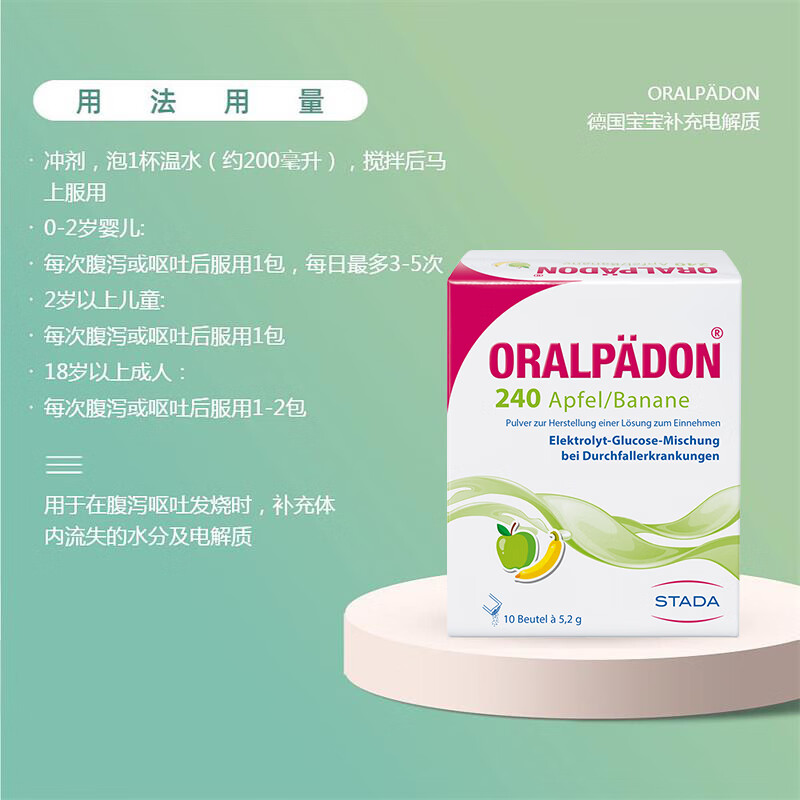 STADA Germany imported Oralpaedon rehydration salt infant electrolyte water rehydration granules baby children adult diarrhea 103.3g*2 boxes strawberry flavor + banana flavor combination pack