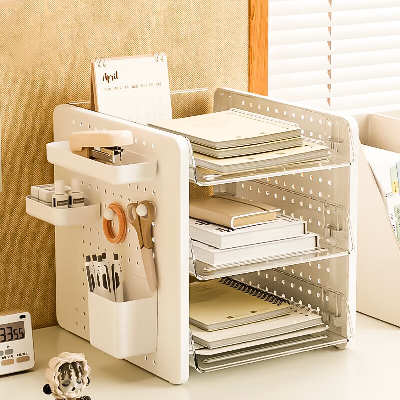 Yupinjia Document Storage Box Book Desktop Storage Rack Work Station Transformation Artifact Necessary Perforated Board Student Book Organizing Multi-layer Perforated Board File Rack - Elegant White Three-Layer File Rack White 1