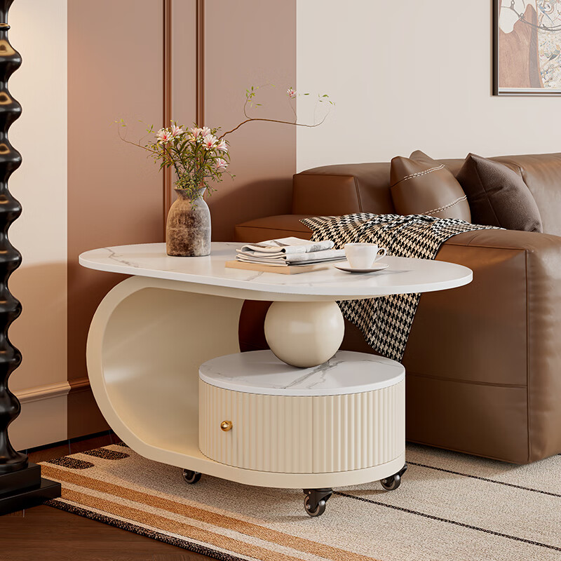 Yudianguan modern simple solid wood medieval style coffee table living room light luxury high-end movable small coffee table small apartment sofa side table apricot frame apricot cabinet walnut color countertop length 90*width 45*height 45cm