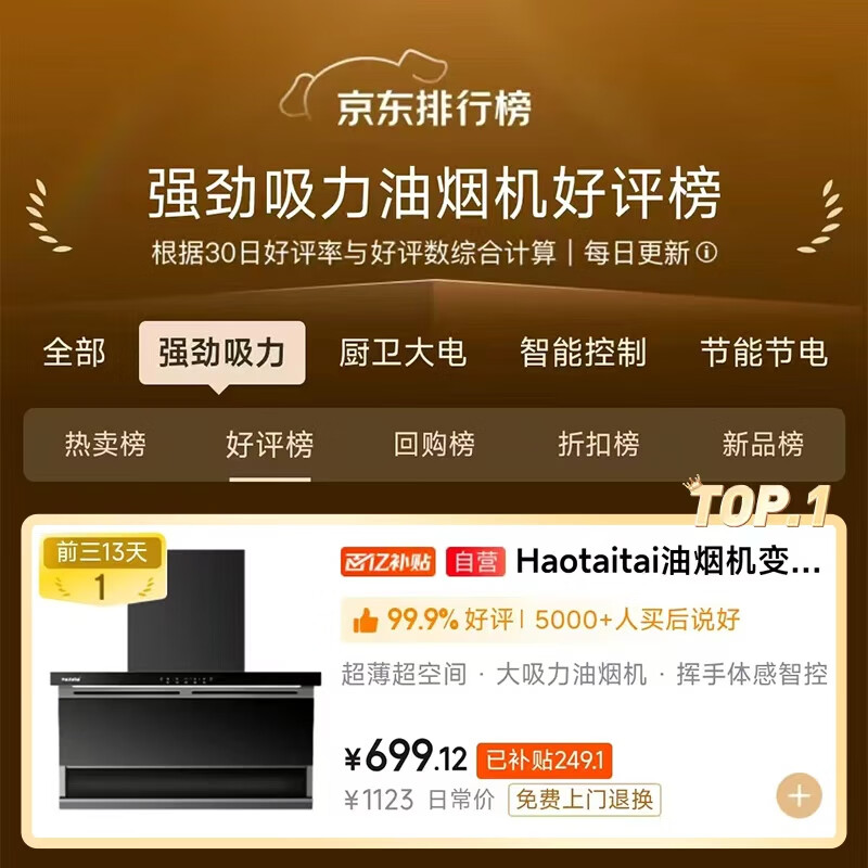 Haotaitai range hood first-class energy efficiency household large suction top side double suction large air volume static pressure low noise real wave intelligent control automatic cleaning range hood CXW-300-DC8