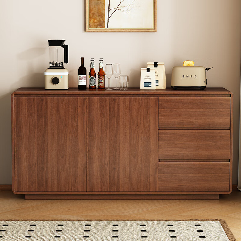 Kang Shiyuan's first hot model solid wood sideboard against the wall integrated rounded corner tea cabinet mid-century style storage cabinet storage cabinet walnut color three drawers double doors 100*40*80