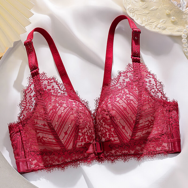 MiiOW new front button beautiful back suit lace bra slimming internet celebrity special lace adjustment type anti-sagging gather black suit 70A 32A