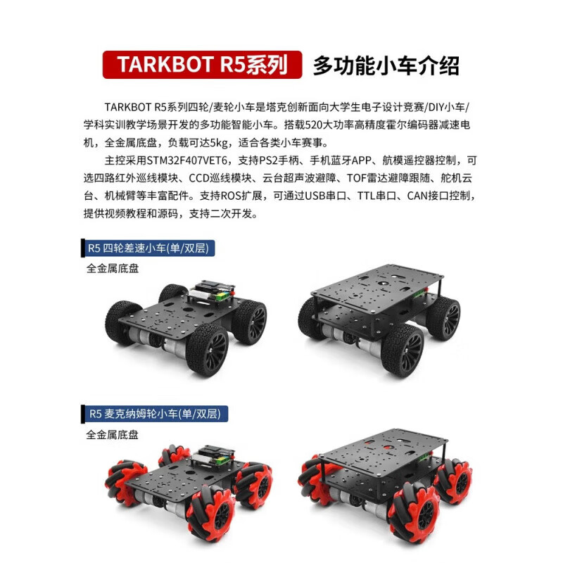 Lingle STM32 lidar smart car R5 four-wheel mecanum wheel ultrasonic obstacle avoidance following infrared CCD tracking ROS R5 series mecanum wheel car (single layer does not include electronic control only chassis)