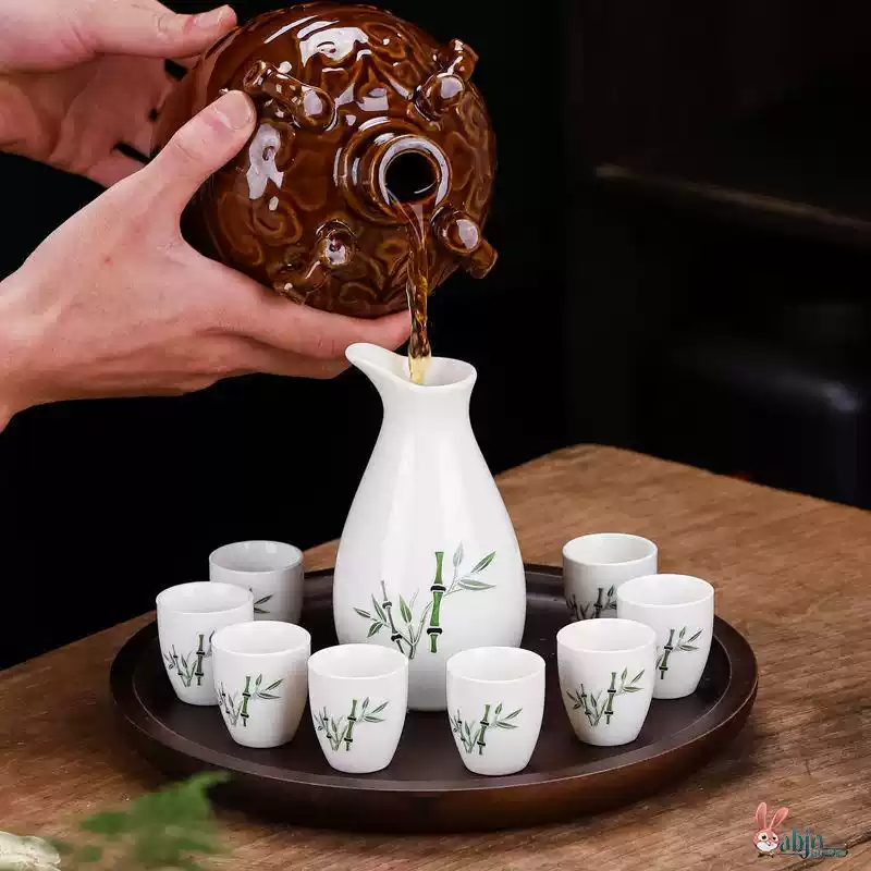 The middle shopkeeper ceramic wine set gift box with warm wine vessel white wine cup wine dispenser gift gift small wine cup wine dispenser wine one pot six cups - Green Bamboo