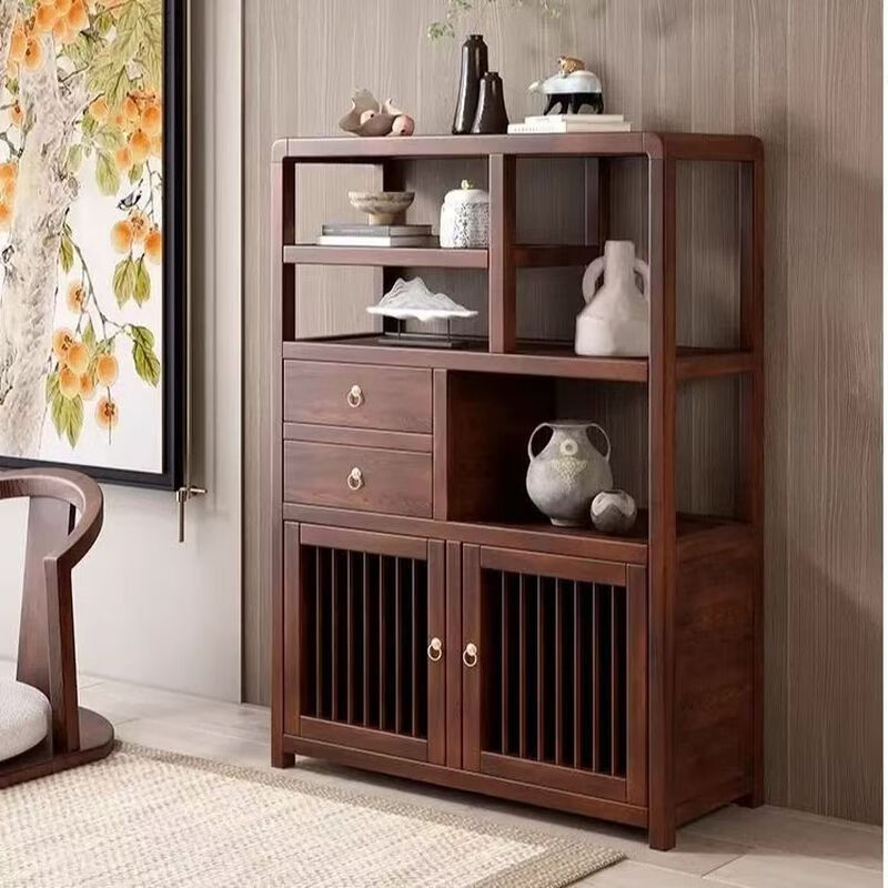 Pindao Xiaobo ancient rack solid wood tea cabinet tea room tea cabinet storage rack tea cabinet display rack tea shelf tea side cabinet storage black gold left cabinet Duobao Pavilion 80*33*120cm