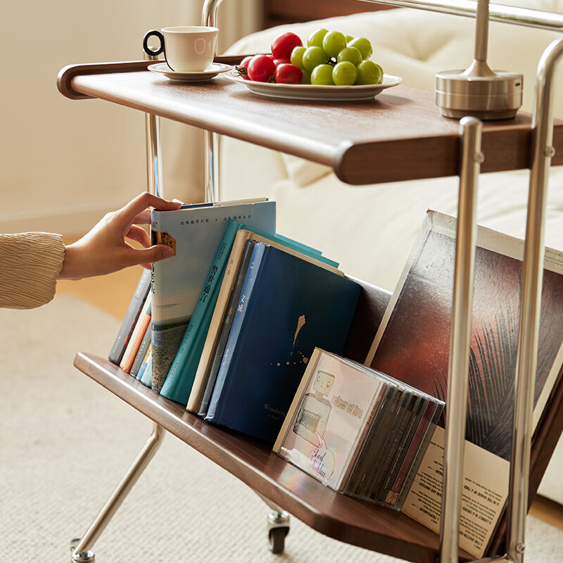 Mushi black walnut storage side table solid wood double-layer trolley bookshelf desk removable trolley coffee table storage rack ready stock black walnut storage trolley 680*320*780mm 1 piece