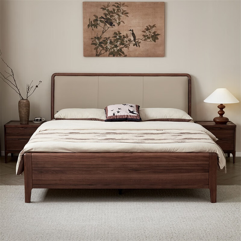 Quanyou Home Furnishings ebony solid wood bed 1.8m x 2m new Chinese style soft-covered backrest master bedroom double bed high bed