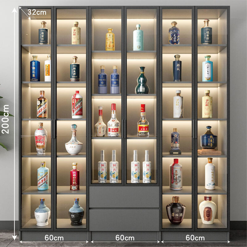 Fantasy living room glass multi-functional wine cabinet against the wall integrated display cabinet household light luxury storage rack wooden transparent high luxury gray 21