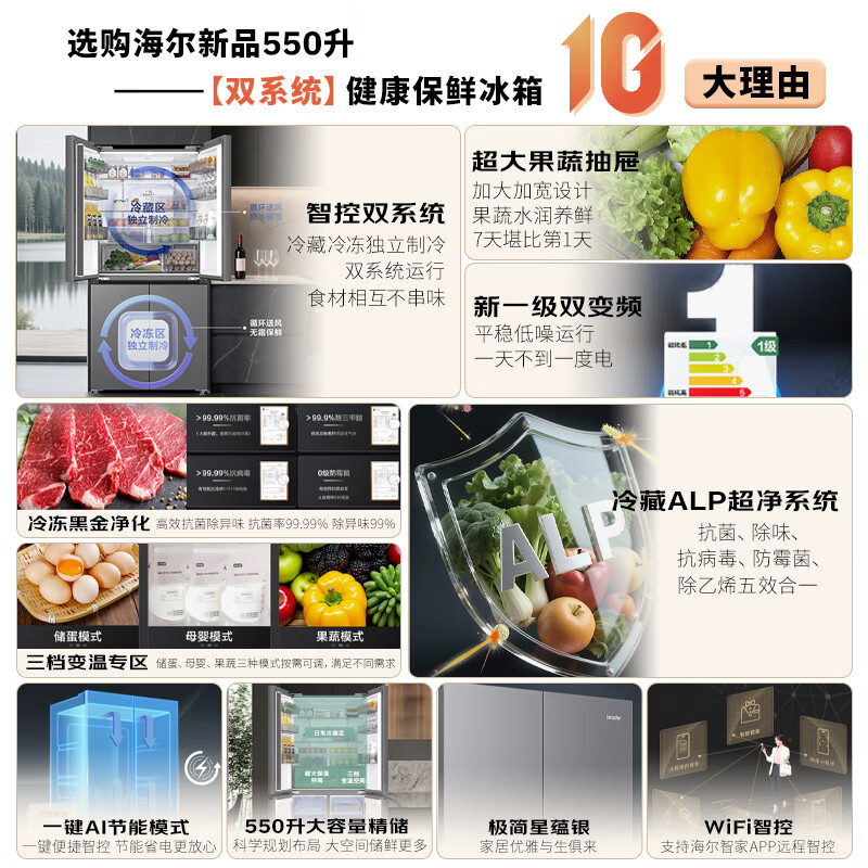 Haier refrigerator produces Tongshuai 575 dual-system cross-section four-door first-class energy-efficient and energy-saving air-cooled frost-free ALP ultra-clean system large-capacity household refrigerator. New product launch + dual system dual cycle + global clean system