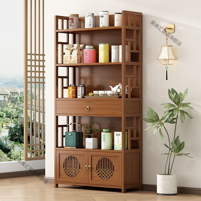 Laimeihui tea rack tea cabinet storage rack Bogu rack small tea set rack storage cabinet tea display cabinet tea room Duobao Pavilion 3 layers 50 long with drawer
