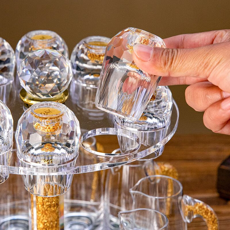 High-end light luxury lead-free crystal glass gold foil white wine glass set for home Chinese-style one-cup wine divider wine set 10 pots 10 cups + cup holder diamond turquoise cup