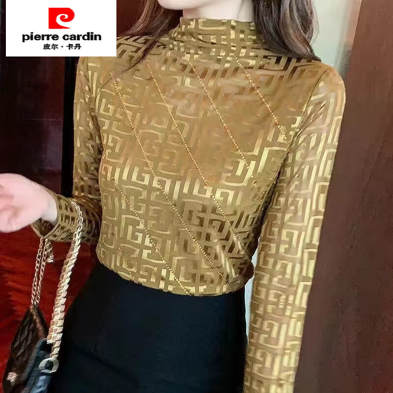 Pierre Cardin Internet celebrity half turtleneck bottoming shirt for women in autumn and winter new fashion printed hot diamond slim fit versatile top trendy Champagne apricot spring and autumn thin section 2XL recommended 130-140 pounds