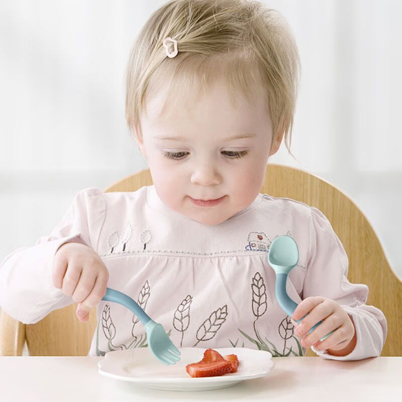 Deluxe Twisted Spoon Baby Learning to Eat Training Spoon and Fork Bendable Baby Elbow Fork and Spoon Practice Chopstick Baby Meal Locke Yellow Flexible Spoon + Fork