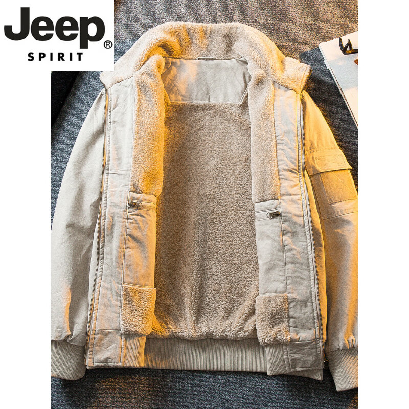 JEEP SPIRIT high-end lamb velvet stand-up collar workwear bomber jacket for men in autumn and winter warm plus velvet thickened cotton-padded jacket off-white M (95-115 pounds)