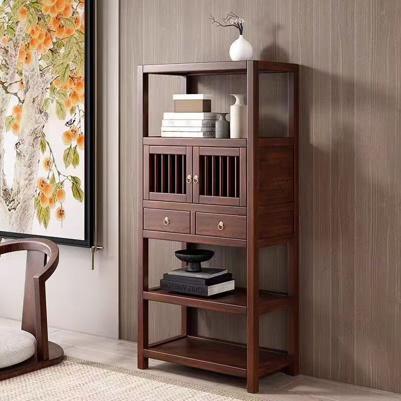 Pindao Xiaobo ancient rack solid wood tea cabinet tea room tea cabinet storage rack tea cabinet display rack tea shelf tea side cabinet storage black gold left cabinet Duobao Pavilion 80*33*120cm