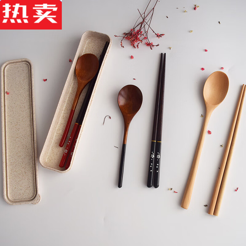 MZXM Japan imported quality box natural log chopsticks spoon set wooden portable outdoor camping tableware student package one