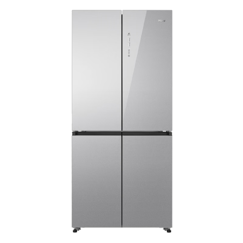 Haier household cross-fold four-door large-capacity refrigerator, air-cooled, frost-free, energy-saving, first-class dual-frequency color crystal tempered glass 471 liters, national trade-in subsidy 15%, tempered glass 471 liters, cross-door + first-class dual frequency conversion + odor-free and fresh-keeping