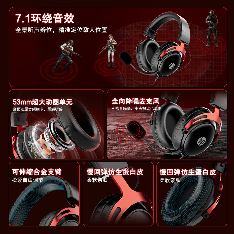 HP (HP) GH20 gaming headset headset wired headset e-sports Internet cafe game chicken delta FPS game listening position identification suitable for Shadow Elf wired version black and red