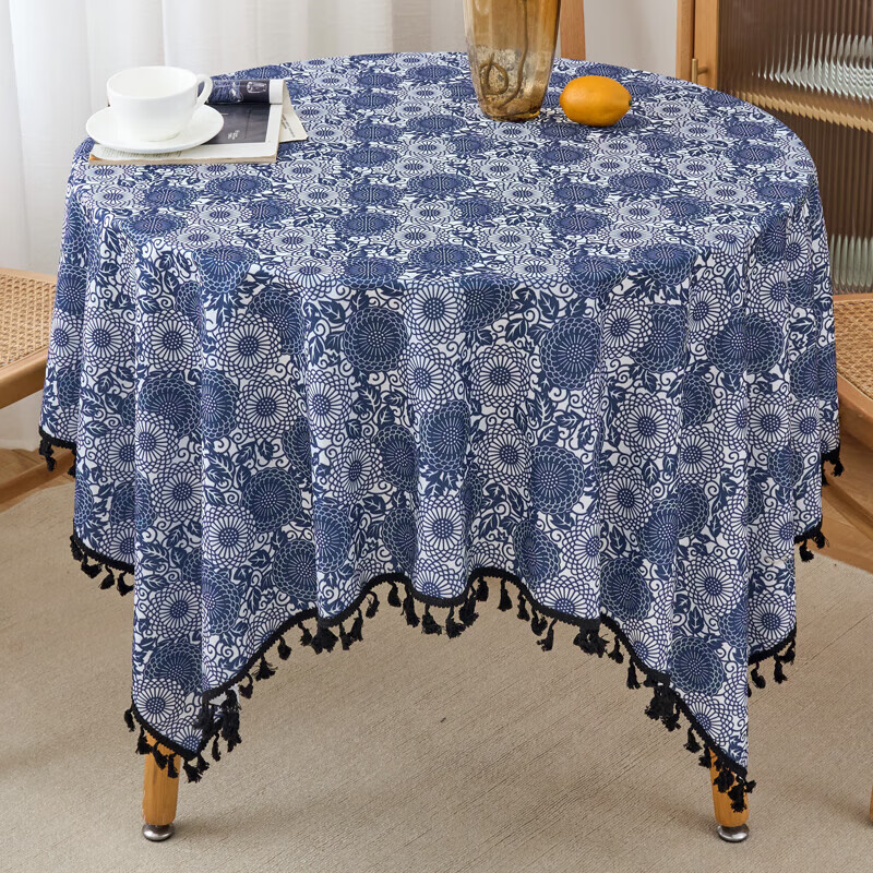Retro light luxury style high-end tablecloth no-wash oil-proof and waterproof rectangular tablecloth coffee table tablecloth new style blue and white porcelain (black pendant style) 140*140cm (common to square tables and round tables)