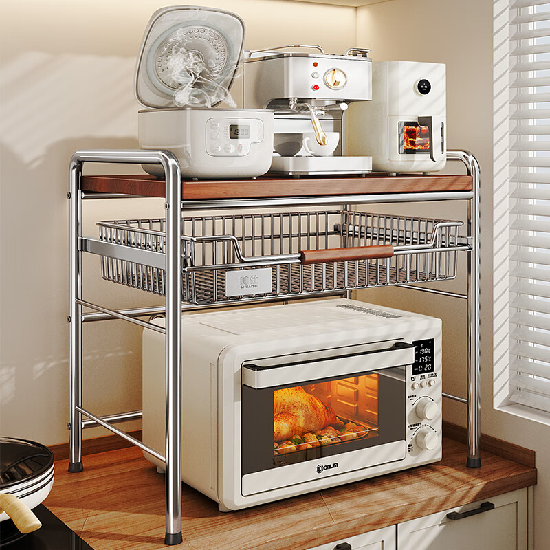 Shuaishi kitchen storage rack microwave oven rack mid-century style countertop multi-function oven rice cooker storage rack stainless steel solid wood 3 layers 60 long stainless steel solid wood laminate