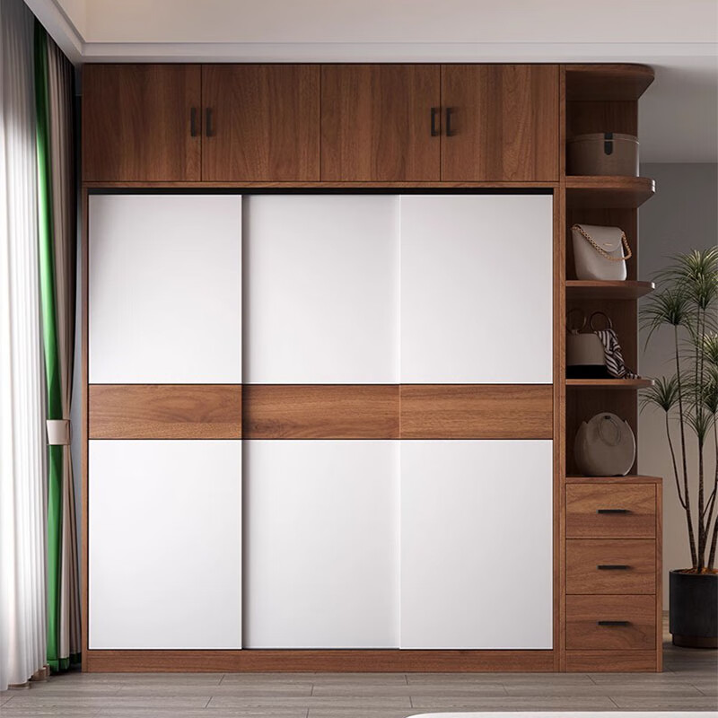 Haoxuan Wardrobe Home Bedroom Solid Wood Rental Small Apartment Wardrobe Sliding Door Cabinet Storage Cabinet Walnut + White 1.6m Three-Door Main Cabinet (Deep 60cm Solid Wood)