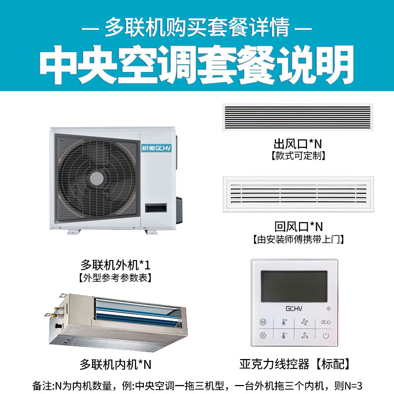 GCHV Jiwei central air conditioner one to two household variable frequency heating and cooling multi-split one to three embedded package installation 4 HP one to three suitable for 80 square meters two rooms and one living room