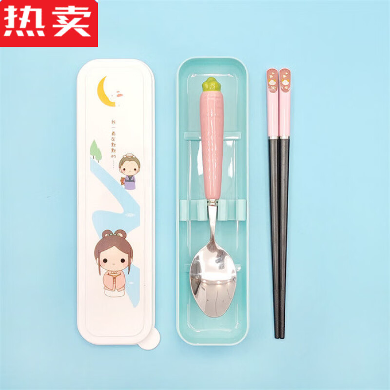 MZXM Japan imported quality primary school student cartoon chopsticks and spoon set cute children's portable stainless steel tableware three pieces color box blue radish + cat chopsticks