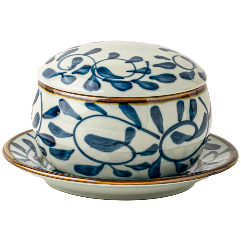 Youcci Blue Gou Teng exquisite hand-painted small stew pot ceramic soup cup with lid Japanese steamed egg cup special bird's nest bowl for one person (2 pieces) 3.5-inch small stew pot - Blue Gou Teng