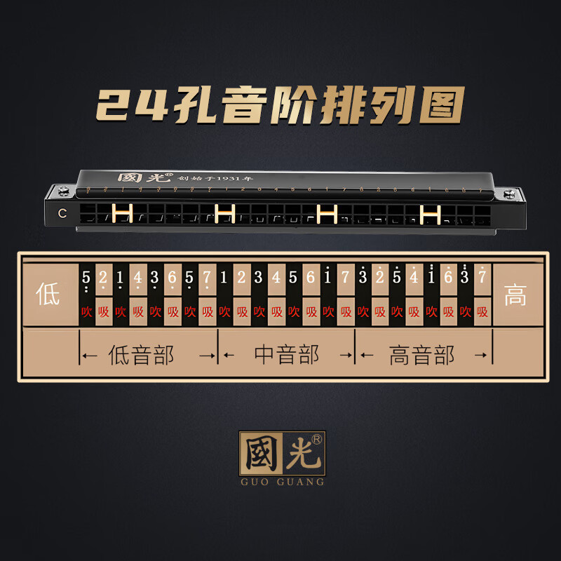 Guoguang 24-hole beginner entry-level polyphonic harmonica with scale commemorative edition in C key (Athens black) gift box