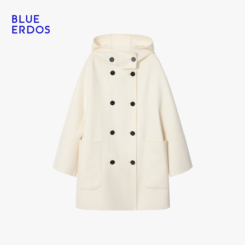 BLUE ERDOS Sun Qian's same style autumn and winter new 100% sheep wool simple double-breasted hooded coat B256K5705 white M (165)