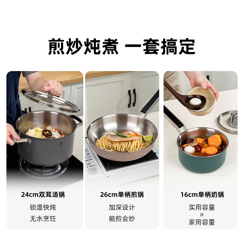 Ryders 304 stainless steel kitchen pot set, full set of household ceramic outer non-stick pot body, universal stove, frying pan + soup pot + milk pot (mossy green) 3-piece set